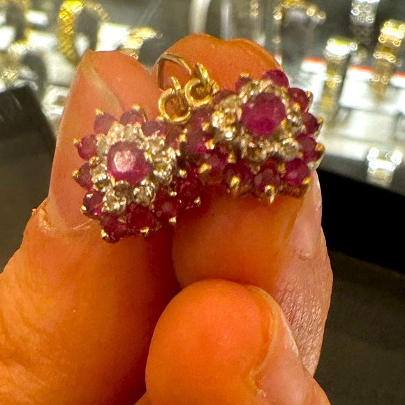 14K Solid Real Gold NATURAL Ruby & Diamond long dangle earrings sparkly! - Picture 9 of 12